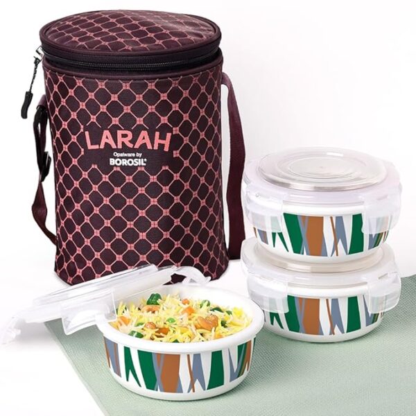 Borosil Geo Green Lunch Box with Lunch Bag, Tiffin Box for Office for Men, Lunch Box for Women, 3 x 400 ml containers, Round, Microwave-Safe Lunch Box